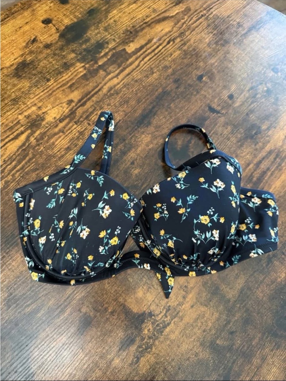 Black Floral Underwire Bikini Top with Yellow & Green Print